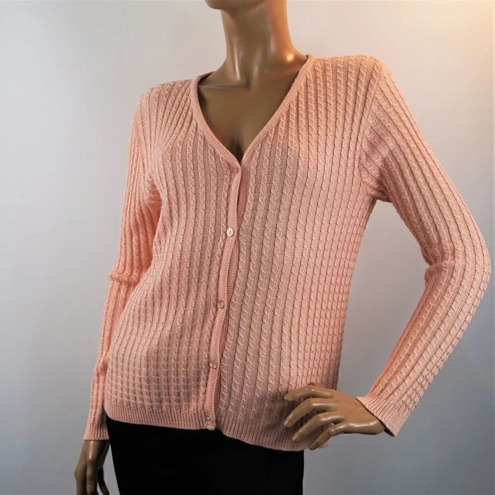 Vintage Rafael Cable Knit Cotton Cardigan Peachy Pink Oversized Size S USA Made